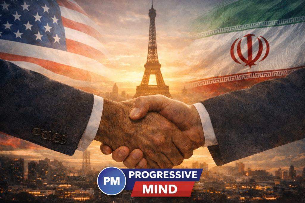 Progressive Mind exclusive image showing US‑Iran diplomatic handshake in front of the Eiffel Tower with national flags and branding.

